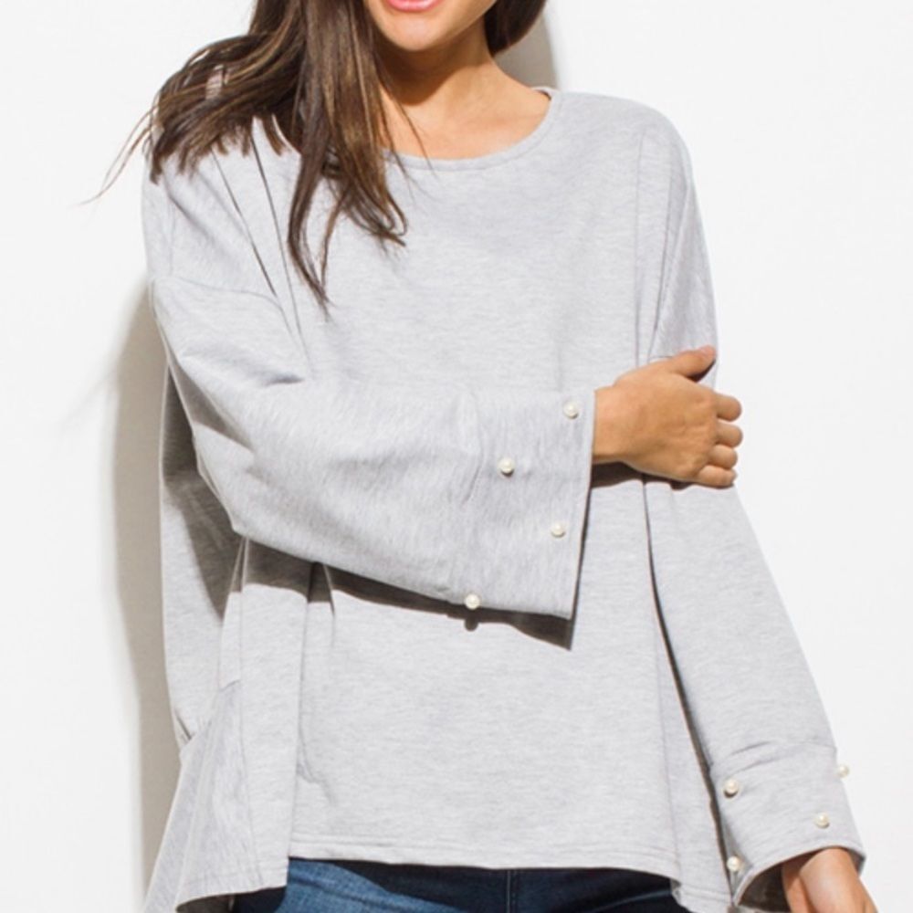 Women's Light Gray Pearl Studded Long Sleeve Boho Oversized Hi Low Top Size S